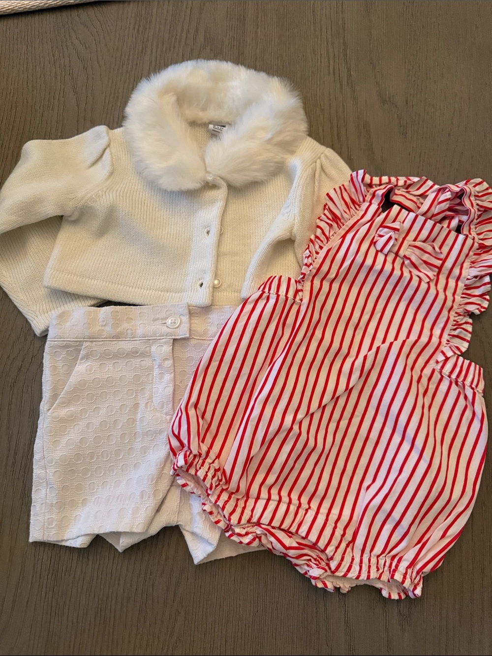 White Faux Fur Collar Cardigan & Red-White Striped Romper Set